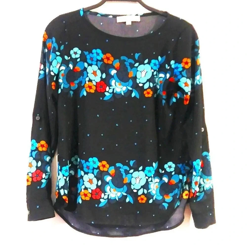 Ann Taylor LOFT Floral Border Print Roll Tab Blouse Black Blue XXS